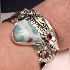 Larimar Garnet 925 Sterling Silver Cuff Bracelet